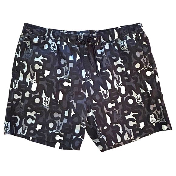 Psycho Bunny Swim Trunks Mens XL Black All Over Print Drawstring Lined Pockets - Picture 1 of 10